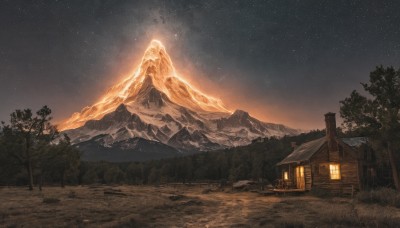 outdoors,sky,cloud,tree,dutch angle,no humans,night,grass,star (sky),nature,night sky,scenery,snow,forest,starry sky,lantern,mountain,road,house,mountainous horizon,path,pine tree,building,architecture,landscape