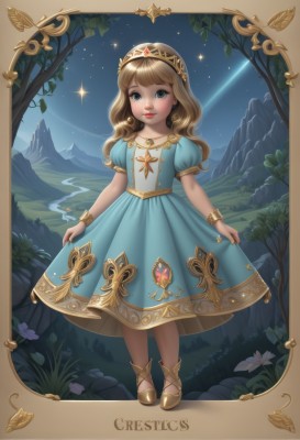 1girl,solo,long hair,looking at viewer,smile,bangs,blue eyes,blonde hair,brown hair,dress,jewelry,closed mouth,standing,full body,flower,short sleeves,earrings,outdoors,sky,shoes,puffy sleeves,artist name,necklace,flat chest,bracelet,tree,puffy short sleeves,lips,makeup,night,blue dress,leaf,border,grass,tiara,crown,lipstick,child,star (sky),nature,night sky,smoke,starry sky,cigarette,mountain,skirt hold,smoking,female child,shooting star,sparkle,watermark