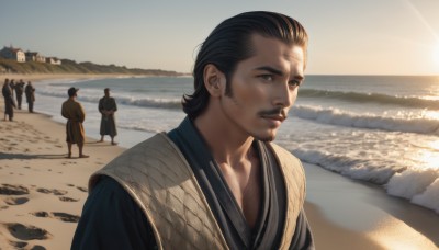 looking at viewer,short hair,black hair,1boy,male focus,outdoors,japanese clothes,multiple boys,solo focus,kimono,water,black eyes,facial hair,ocean,scar,beach,beard,6+boys,sunset,realistic,mustache,sand,stubble,chest hair,shore,brown eyes,standing,upper body,sky,day,shadow,sunlight,scenery,sun,horizon,sunrise