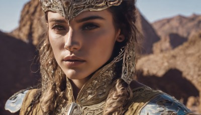 1girl,solo,long hair,looking at viewer,simple background,brown hair,brown eyes,closed mouth,braid,armor,blurry,lips,depth of field,blurry background,helmet,crown,shoulder armor,portrait,pauldrons,realistic,nose,black hair,outdoors,sky,day,twin braids,blue sky,close-up,freckles,desert