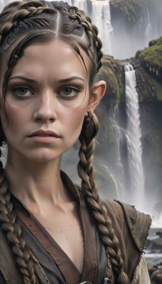 1girl,solo,long hair,looking at viewer,brown hair,hair ornament,brown eyes,jewelry,closed mouth,collarbone,upper body,braid,earrings,artist name,water,mole,blurry,twin braids,lips,eyelashes,blurry background,portrait,hair over shoulder,forehead,freckles,realistic,nose,waterfall,multiple braids,black hair,outdoors,hairclip,expressionless,dirty