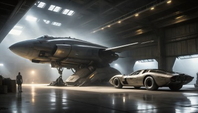 HQ,1boy,sky,cloud,signature,military,window,robot,ground vehicle,building,scenery,mecha,reflection,science fiction,realistic,aircraft,military vehicle,vehicle focus,spacecraft,lights,no humans,motor vehicle,airplane,jet