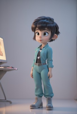 1girl,solo,smile,short hair,brown hair,shirt,black hair,brown eyes,standing,full body,boots,belt,pants,indoors,lips,child,brown belt,computer,television,jumpsuit,tomboy,blush,long sleeves,jacket,open clothes,shoes,open jacket,black shirt,denim,sneakers,blue footwear,jeans,blue pants,monitor