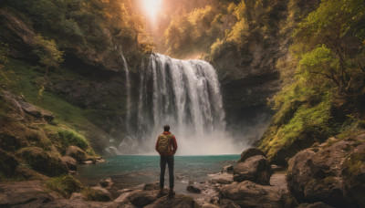 solo, 1boy, standing, male focus, outdoors, pants, water, bag, from behind, tree, sunlight, backpack, nature, scenery, rock, river, waterfall