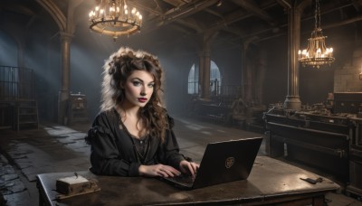 1girl,solo,long hair,breasts,brown hair,hair ornament,long sleeves,dress,cleavage,jewelry,sitting,flower,earrings,indoors,hair flower,black dress,lips,book,window,makeup,night,chair,table,lipstick,desk,paper,light,lamp,candle,computer,laptop,candlestand,looking at viewer,black hair,necklace,black eyes,sunlight,black nails,curly hair,light rays,realistic,gothic,chandelier