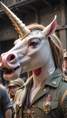 1girl,long hair,open mouth,blonde hair,jewelry,jacket,upper body,outdoors,horns,teeth,solo focus,day,tongue,tongue out,blurry,uniform,lips,military,military uniform,makeup,depth of field,blurry background,animal,gem,single horn,epaulettes,realistic,red lips,badge,horse,medal,unicorn,shirt,hat,brown eyes,multiple boys,signature,looking at another,buttons,helmet,cross,1other,aiguillette,soldier