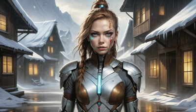 HQ,1girl,solo,long hair,breasts,looking at viewer,blue eyes,blonde hair,brown hair,hair ornament,medium breasts,upper body,braid,outdoors,artist name,armor,lips,window,bodysuit,blood,scar,facial mark,shoulder armor,building,snow,pauldrons,injury,breastplate,blood on face,snowing,mountain,nose,hair tie,house,shoulder pads,winter,ponytail,glowing,forehead,freckles,science fiction,rain,realistic,dirty,hair pulled back,topknot