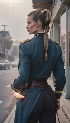 1girl,solo,long hair,blonde hair,brown hair,gloves,long sleeves,standing,ponytail,ass,braid,cowboy shot,outdoors,sky,day,belt,looking back,pants,artist name,signature,fingerless gloves,from behind,uniform,lips,coat,looking to the side,military,single braid,military uniform,looking away,black pants,ground vehicle,building,motor vehicle,brown gloves,epaulettes,braided ponytail,city,realistic,nose,car,road,police,lamppost,street,blue coat,leather gloves,blue eyes,holding,closed mouth,jacket,weapon,tree,profile,blue jacket,house,power lines,utility pole