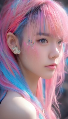 1girl,solo,long hair,looking at viewer,blush,bangs,blue eyes,bare shoulders,jewelry,closed mouth,blue hair,pink hair,multicolored hair,earrings,blurry,black eyes,lips,blurry background,portrait,close-up,realistic,nose,tears,blunt bangs,necklace,from side,two-tone hair,eyelashes,makeup,watermark