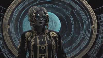 1girl,solo,looking at viewer,short hair,black hair,upper body,grey hair,glasses,dark skin,dark-skinned female,lips,black jacket,makeup,colored skin,moon,lipstick,goggles,star (sky),round eyewear,clock,space,grey skin,very dark skin,black skin,roman numeral,black lips,breasts,blue eyes,hair ornament,closed mouth,jacket,sunglasses,facing viewer