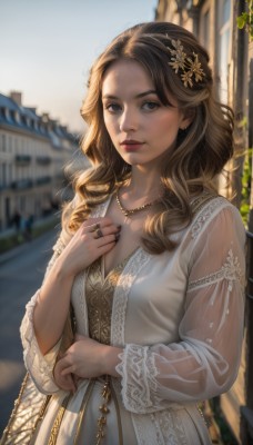 1girl,solo,long hair,breasts,looking at viewer,brown hair,hair ornament,long sleeves,dress,brown eyes,jewelry,upper body,flower,earrings,outdoors,day,hair flower,necklace,bag,white dress,blurry,lips,see-through,depth of field,blurry background,wavy hair,ring,hand on own chest,building,freckles,curly hair,handbag,realistic,nose,blue eyes,closed mouth,parted lips,nail polish,mole,fingernails,makeup,sunlight,mole on cheek