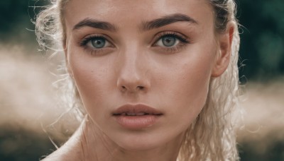 1girl,solo,long hair,looking at viewer,parted lips,teeth,signature,blurry,lips,grey eyes,eyelashes,depth of field,blurry background,portrait,close-up,freckles,curly hair,realistic,nose