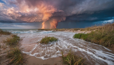 outdoors, sky, cloud, water, dutch angle, no humans, ocean, beach, cloudy sky, grass, fire, scenery, sand, horizon, waves, shore