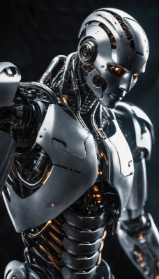 solo,1boy,upper body,male focus,blurry,orange eyes,no humans,glowing,robot,mecha,1other,machinery,science fiction,realistic,android,joints,cable,cyborg,damaged,robot joints,mechanical parts,humanoid robot,shiny,from side,looking down,black background