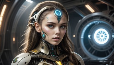 HQ,1girl,solo,long hair,looking at viewer,blue eyes,brown hair,upper body,parted lips,blurry,lips,blurry background,headgear,scar,facial mark,portrait,forehead,science fiction,realistic,nose,android,cyborg,cyberpunk,teeth,aqua eyes,eyelashes,makeup,close-up,eyeshadow,eyeliner,cable