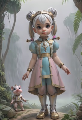 1girl,solo,looking at viewer,blue eyes,hair ornament,dress,twintails,jewelry,standing,full body,white hair,short sleeves,hairband,boots,outdoors,parted lips,puffy sleeves,hair bun,armor,black eyes,bracelet,tree,puffy short sleeves,lips,double bun,blue dress,child,nature,forest,female child,crown