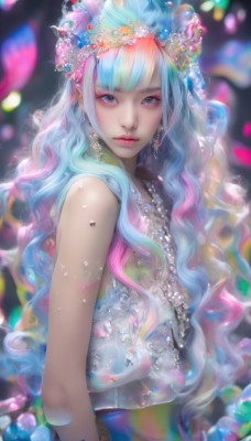 1girl,solo,long hair,looking at viewer,bangs,blue eyes,hair ornament,dress,bare shoulders,jewelry,closed mouth,blue hair,upper body,pink hair,multicolored hair,earrings,sleeveless,pointy ears,artist name,blunt bangs,necklace,blurry,from side,two-tone hair,lips,grey eyes,eyelashes,aqua hair,gradient hair,makeup,depth of field,blurry background,wavy hair,lipstick,gem,eyeshadow,crystal,pink lips,realistic,nose,red lips,colorful,mascara,pearl (gemstone),breasts,very long hair,flower,signature,hair flower,streaked hair,petals,sparkle,sleeveless dress,watermark,expressionless,tiara,web address,light particles,multicolored clothes,beads,glint,arms at sides,eyeliner,confetti,bokeh,blue gemstone,hair beads,head chain,pink eyeshadow