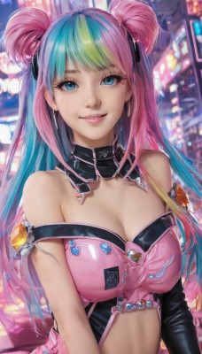 1girl,solo,long hair,breasts,looking at viewer,smile,bangs,blue eyes,large breasts,gloves,navel,cleavage,bare shoulders,jewelry,medium breasts,blue hair,upper body,pink hair,multicolored hair,earrings,parted lips,green hair,teeth,black gloves,elbow gloves,midriff,hair bun,mole,blurry,two-tone hair,lips,streaked hair,clothing cutout,eyelashes,mole under eye,double bun,aqua hair,makeup,detached collar,blurry background,strap slip,realistic,navel cutout,artist name,crop top,gradient hair,nose,cyberpunk