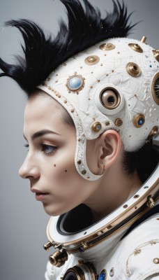 1girl,solo,short hair,blue eyes,simple background,black hair,jewelry,earrings,parted lips,grey background,mole,black eyes,from side,lips,eyelashes,mole under eye,profile,looking away,portrait,freckles,science fiction,realistic,nose,spacesuit,gradient,gradient background,piercing,gem,headdress,looking afar,mole on cheek