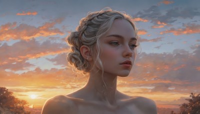 1girl,solo,short hair,blue eyes,blonde hair,bare shoulders,jewelry,collarbone,braid,nude,earrings,outdoors,parted lips,sky,cloud,hair bun,tree,lips,looking away,sunlight,single hair bun,cloudy sky,portrait,sunset,realistic,nose,sun,upper body,eyelashes,tattoo,makeup,scenery