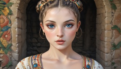 1girl,solo,looking at viewer,blush,blue eyes,brown hair,hair ornament,jewelry,collarbone,flower,earrings,parted lips,hair bun,lips,eyelashes,double bun,leaf,plant,portrait,forehead,freckles,hoop earrings,realistic,brick wall,pillar,gold