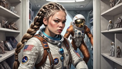 1girl,long hair,looking at viewer,multiple girls,brown hair,brown eyes,upper body,weapon,braid,multiple boys,solo focus,indoors,mole,lips,mole under eye,makeup,helmet,science fiction,6+boys,realistic,nose,red lips,pilot suit,american flag,spacecraft,soldier,spacesuit,japanese flag,space helmet,astronaut,signature,uniform,twin braids,forehead,freckles,serious,emblem,multiple others,dirty,alien