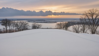 outdoors,sky,cloud,water,tree,no humans,cloudy sky,nature,scenery,snow,forest,reflection,sunset,mountain,horizon,winter,bare tree,landscape,mountainous horizon,lake,gradient sky,orange sky,yellow sky,ocean,shore