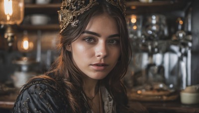 1girl,solo,long hair,looking at viewer,brown hair,jewelry,indoors,necklace,armor,blurry,lips,grey eyes,depth of field,blurry background,crown,portrait,freckles,lantern,realistic,nose,blue eyes,brown eyes,closed mouth,green eyes,braid,parted lips,parted bangs,bokeh