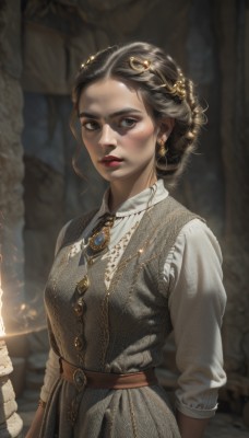 1girl,solo,breasts,looking at viewer,blush,short hair,brown hair,shirt,black hair,hair ornament,long sleeves,dress,brown eyes,jewelry,standing,white shirt,upper body,weapon,braid,earrings,parted lips,belt,necklace,hair bun,mole,blurry,lips,makeup,blurry background,fire,lipstick,brooch,gem,freckles,realistic,red lips,brown belt,hair pulled back,chainmail,arms behind back,gold