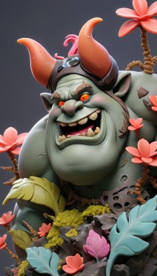 solo,smile,open mouth,red eyes,1boy,flower,male focus,horns,teeth,pointy ears,grey background,orange eyes,colored skin,leaf,fangs,helmet,plant,rope,pink flower,rock,fake horns,creature,green skin,fat,fat man,horned helmet,looking at viewer,simple background,:d,tongue,artist name,tree,no humans,colored sclera,evil smile,tusks