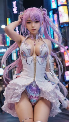 1girl,solo,long hair,breasts,looking at viewer,bangs,blue eyes,hair ornament,thighhighs,dress,cleavage,bare shoulders,jewelry,medium breasts,pink hair,cowboy shot,parted lips,detached sleeves,armpits,hair bun,white dress,blurry,arm up,leotard,lips,double bun,thigh strap,detached collar,blurry background,thigh gap,arm behind head,realistic,white leotard,skirt,large breasts,twintails,purple hair,thighs,outdoors,gem,zipper,science fiction,city,hand on own head