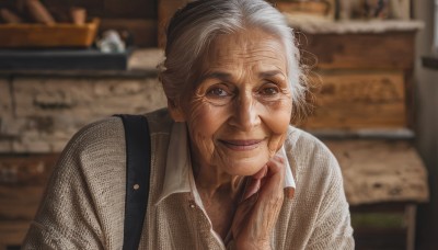 1girl,solo,looking at viewer,smile,shirt,1boy,brown eyes,closed mouth,white shirt,upper body,white hair,grey hair,male focus,collared shirt,indoors,blurry,lips,grey eyes,blurry background,suspenders,realistic,old,old man,old woman,wrinkled skin,hand up,nail polish,black eyes,depth of field,portrait,red nails,hand on own chin,photo background