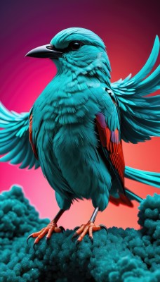 solo,looking at viewer,standing,full body,outdoors,wings,sky,blurry,black eyes,tree,gradient,pokemon (creature),no humans,bird,animal,feathers,red background,animal focus,talons,beak,cloud,gradient background