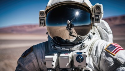 solo,upper body,weapon,sky,day,blurry,uniform,military,depth of field,blurry background,helmet,1other,lens flare,science fiction,realistic,american flag,spacesuit,desert,japanese flag,pilot,united states,astronaut,1boy,jacket,male focus,multiple boys,reflection,pilot suit,space,planet,dirty,ambiguous gender,spacecraft,cockpit,space helmet,american flag print