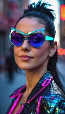 1girl,solo,long hair,looking at viewer,smile,black hair,jewelry,closed mouth,jacket,upper body,ponytail,earrings,glasses,dark skin,necklace,blurry,black eyes,lips,eyelashes,makeup,depth of field,blurry background,sunglasses,lipstick,portrait,eyeshadow,zipper,realistic,nose,stud earrings,eyeliner,tinted eyewear,hair pulled back,cyberpunk,blue-tinted eyewear,purple-tinted eyewear,breasts,blue eyes,cleavage,neon lights