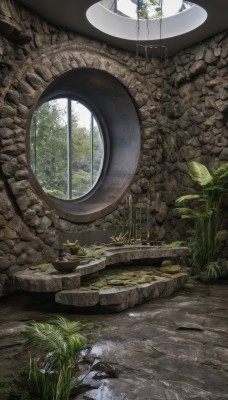 outdoors,day,indoors,water,tree,no humans,window,grass,plant,nature,scenery,forest,reflection,rock,potted plant,ruins,moss,overgrown,leaf,fantasy,arch,round window