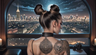 1girl,solo,short hair,brown hair,black hair,bare shoulders,jewelry,closed eyes,upper body,earrings,sky,choker,cloud,indoors,hair bun,from behind,lips,pillow,window,double bun,tattoo,night,back,black choker,piercing,moon,single hair bun,building,ear piercing,star (sky),night sky,full moon,starry sky,skull,city,cityscape,arm tattoo,shoulder tattoo,undercut,city lights,nape,back tattoo,skull earrings,water,tan,reflection