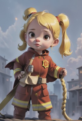 1girl,solo,looking at viewer,blonde hair,long sleeves,holding,twintails,brown eyes,closed mouth,standing,jacket,outdoors,parted lips,sky,belt,pants,cloud,medium hair,uniform,blue sky,lips,hand on hip,military,military uniform,capelet,cloudy sky,short twintails,building,child,rope,red jacket,city,female child,medal,long hair,weapon,freckles