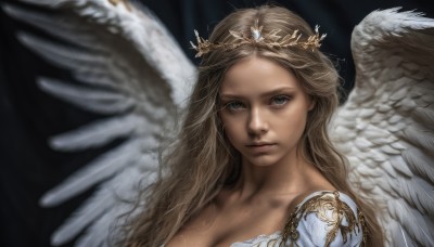 1girl,solo,long hair,breasts,looking at viewer,blue eyes,blonde hair,simple background,brown hair,cleavage,upper body,wings,lips,grey eyes,tiara,portrait,feathered wings,angel wings,realistic,nose,white wings,angel,freckles