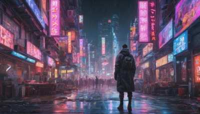 standing, boots, outdoors, bag, from behind, coat, night, backpack, ground vehicle, building, scenery, motor vehicle, reflection, science fiction, rain, city, sign, road, cityscape, street, city lights, cyberpunk, neon lights