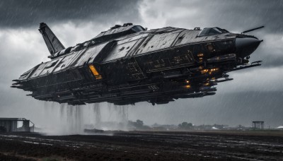 outdoors,sky,cloud,military,no humans,cloudy sky,building,scenery,science fiction,rain,realistic,aircraft,military vehicle,vehicle focus,spacecraft,day,signature,water,flying