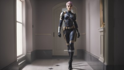 1girl,solo,breasts,looking at viewer,short hair,brown hair,gloves,brown eyes,medium breasts,standing,full body,pink hair,purple hair,boots,belt,indoors,armor,bodysuit,skin tight,walking,pouch,door,arms at sides,black bodysuit,very short hair,hallway,window,realistic,holster,shoulder pads