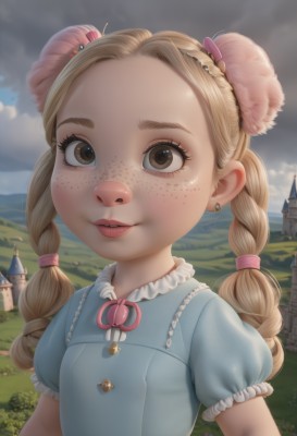 1girl,solo,long hair,looking at viewer,smile,blonde hair,hair ornament,dress,animal ears,twintails,brown eyes,jewelry,upper body,braid,short sleeves,earrings,outdoors,frills,parted lips,sky,day,puffy sleeves,cloud,twin braids,puffy short sleeves,lips,blue dress,cloudy sky,child,forehead,freckles,mouse ears,female child,castle,flower,eyelashes,grass,building