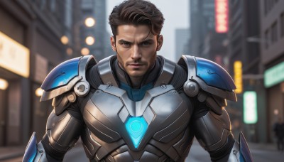 solo,looking at viewer,short hair,brown hair,black hair,1boy,brown eyes,closed mouth,upper body,male focus,outdoors,solo focus,dark skin,armor,blurry,muscular,blurry background,facial hair,dark-skinned male,shoulder armor,building,city,realistic,undercut,power armor,lips,bodysuit,night,beard,science fiction,superhero