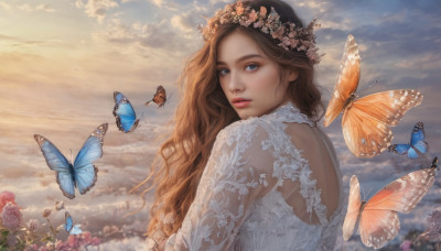 1girl, solo, long hair, looking at viewer, blue eyes, brown hair, upper body, flower, outdoors, sky, looking back, cloud, lips, rose, cloudy sky, bug, butterfly, realistic, nose, head wreath, blue butterfly