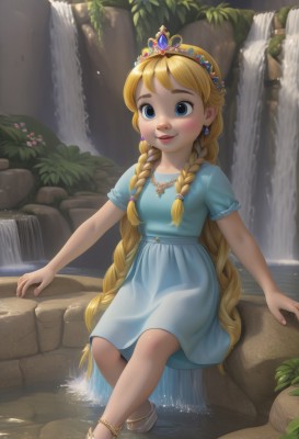 1girl,solo,long hair,blush,smile,blue eyes,blonde hair,dress,jewelry,sitting,very long hair,braid,short sleeves,earrings,outdoors,water,necklace,twin braids,lips,blue dress,sandals,tiara,crown,plant,child,rock,anklet,waterfall,breasts,full body,flower,aged down,aqua dress,stream