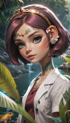 1girl,solo,breasts,looking at viewer,smile,short hair,bangs,brown hair,shirt,hair ornament,jewelry,closed mouth,green eyes,jacket,upper body,flower,short sleeves,hairband,earrings,small breasts,outdoors,open clothes,choker,day,artist name,signature,hair flower,water,necklace,blurry,lips,parted bangs,eyelashes,tattoo,makeup,depth of field,blurry background,animal,leaf,watermark,facial mark,piercing,white jacket,tiara,plant,lipstick,gem,red shirt,ear piercing,nature,forehead,pink flower,pendant,freckles,fish,pocket,circlet,pink lips,nose,red lips,arm tattoo,mascara,lily pad,goldfish,diadem,neck tattoo,blush,collarbone,from side,open jacket,pink shirt,labcoat,pond,aquarium