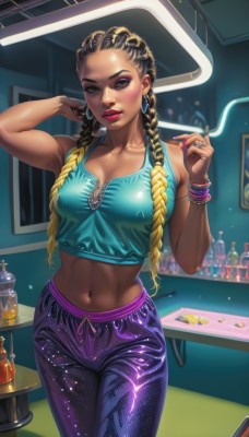 1girl,solo,long hair,breasts,looking at viewer,smile,blonde hair,large breasts,shirt,black hair,navel,holding,cleavage,bare shoulders,jewelry,medium breasts,green eyes,standing,collarbone,braid,multicolored hair,cowboy shot,earrings,parted lips,sleeveless,midriff,pants,artist name,indoors,hand up,dark skin,armpits,stomach,nail polish,arm up,twin braids,bracelet,two-tone hair,dark-skinned female,lips,crop top,fingernails,eyelashes,gradient hair,makeup,watermark,piercing,table,ring,thick eyebrows,tank top,bottle,blue shirt,lipstick,hair over shoulder,red nails,web address,forehead,pink nails,alcohol,eyeshadow,smoke,long fingernails,toned,cigarette,hoop earrings,pink lips,realistic,nose,smoking,red lips,eyeliner,navel piercing,holding cigarette,mascara,bar (place),purple pants,dreadlocks,multiple braids,brown hair,brown eyes,shiny,mole,abs,bangle