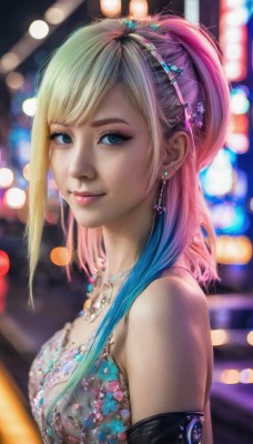 1girl,solo,long hair,breasts,looking at viewer,smile,bangs,blue eyes,blonde hair,hair ornament,gloves,dress,bare shoulders,jewelry,medium breasts,closed mouth,blue hair,upper body,ponytail,pink hair,multicolored hair,earrings,elbow gloves,necklace,blurry,from side,two-tone hair,lips,eyelashes,gradient hair,makeup,depth of field,blurry background,piercing,eyeshadow,realistic,nose,mascara,sleeveless,hairclip,watermark,lipstick,hairpin