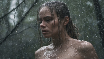 1girl, solo, long hair, black hair, 1boy, upper body, male focus, nude, blurry, wet, portrait, rain, realistic, wet hair